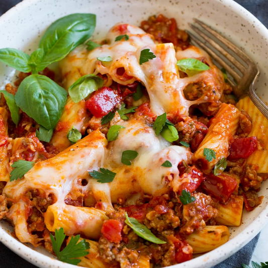 Cheesy Louisianna Baked Rigatoni with Lean Beef Bolognese and Side of Roasted Vegetables (Contains Gluten)