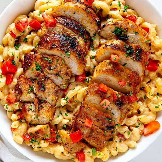 Caribbean Spiced Butternut Mac n' Cheese with Blackened Rotisserie Chicken (Contains Gluten)