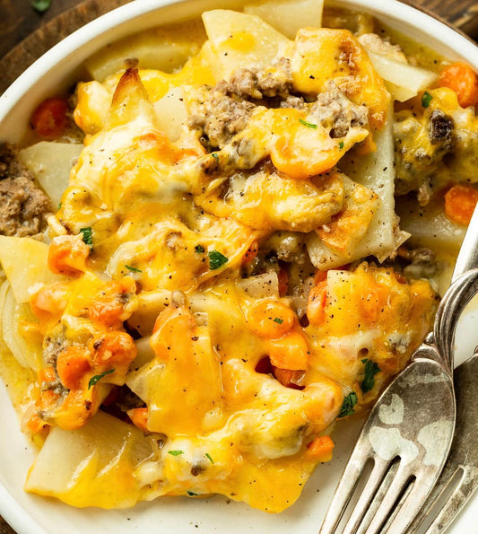 Cheesy Scalloped Potato and Ground Beef Bake with side of Greens
