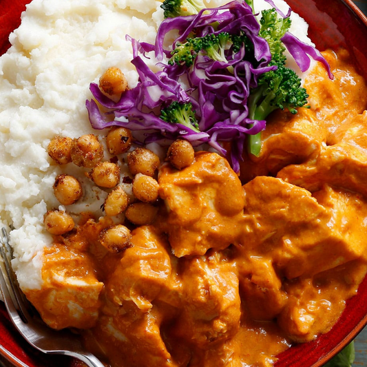 Butter Chicken Mashed Potato Protein Bowl with Braised Purple Cabbage and Roasted Chickpeas (Gluten Free)