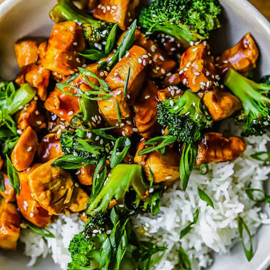 Hawaiin Style Teriyaki Wahoo Breaded Nuggets and Broccoli Stir Fry over Sesame Rice (Gluten Free)