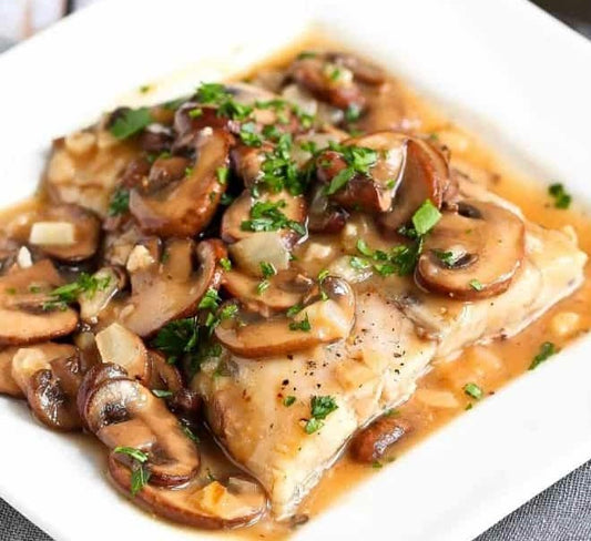 Creamy Mushroom Marsala Wahoo Filet with side of Buttery Baked Potato (Gluten Free)