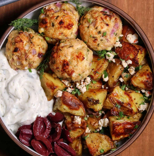 Greek Turkey 'Keftedes' Meatballs with Garlic Feta Potatoes and Tzaziki Herb Sauce (Gluten Free)