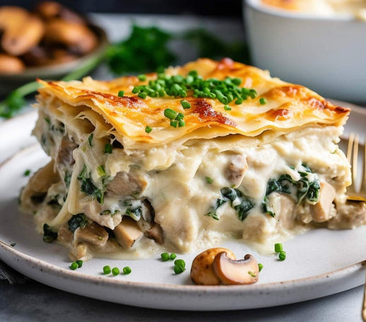 Creamy Bechamel Lasagna with Chicken, Mushroom and Spinach with Side of Vegetable Medley