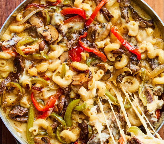 'Philly Cheese Steak' Pasta with Porcini and Portobello Mushroom Gravy (Contains Gluten)