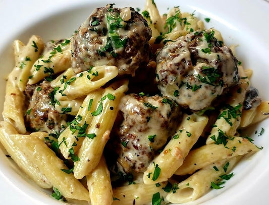 French Onion Penne Alfredo with Beef Meatballs with Side of Garlic Sautéed String Beans (Contains Gluten)